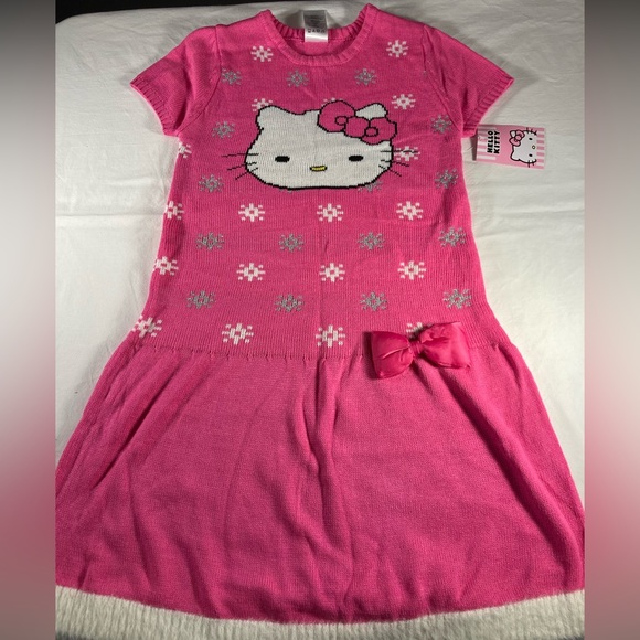 HELLO KITTY KNIT DRESS PINK SNOWFLAKES BOW SIZE LARGE NWT - Picture 1 of 8